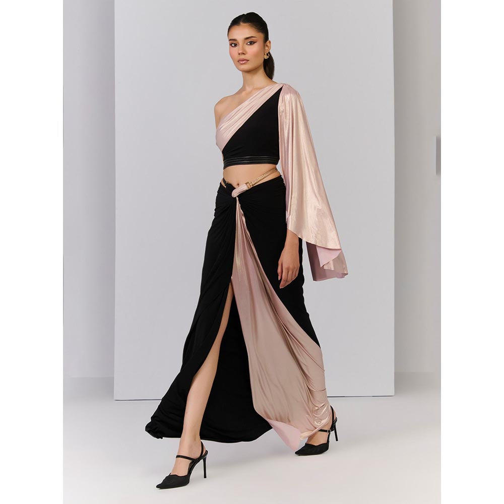 S&N by Shantnu Nikhil Twisted Drape Skirt In Black with Contrasting Panel