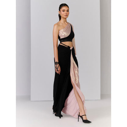 S&N by Shantnu Nikhil Twisted Drape Skirt In Black with Contrasting Panel