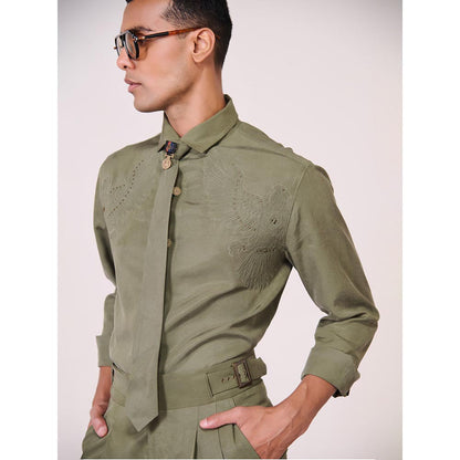S&N by Shantnu Nikhil Men's Olive Rayon Blend Embroidered Slim Fit Shirt