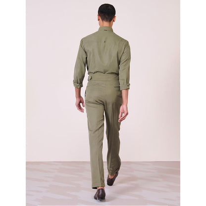 S&N by Shantnu Nikhil Men's Olive Rayon Blend Embroidered Slim Fit Shirt