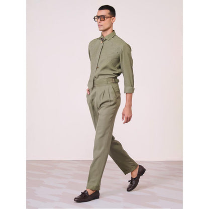 S&N by Shantnu Nikhil Men's Olive Rayon Blend Embroidered Slim Fit Shirt