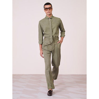 S&N by Shantnu Nikhil Men's Olive Rayon Blend Embroidered Slim Fit Shirt