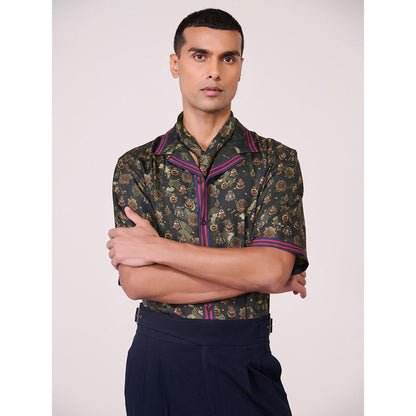 S&N by Shantnu Nikhil Men's Green Silk Floral Slim Fit Shirt
