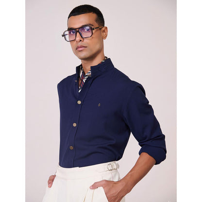 S&N by Shantnu Nikhil Mens Navy Blue Rayon Blend Plain Slim Fit Shirt