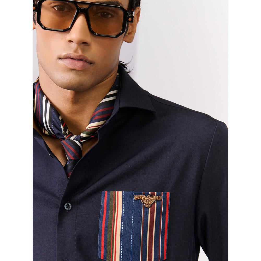 S&N by Shantnu Nikhil Men's Navy Blue Rayon Blend Stripes Slim Fit Shirt