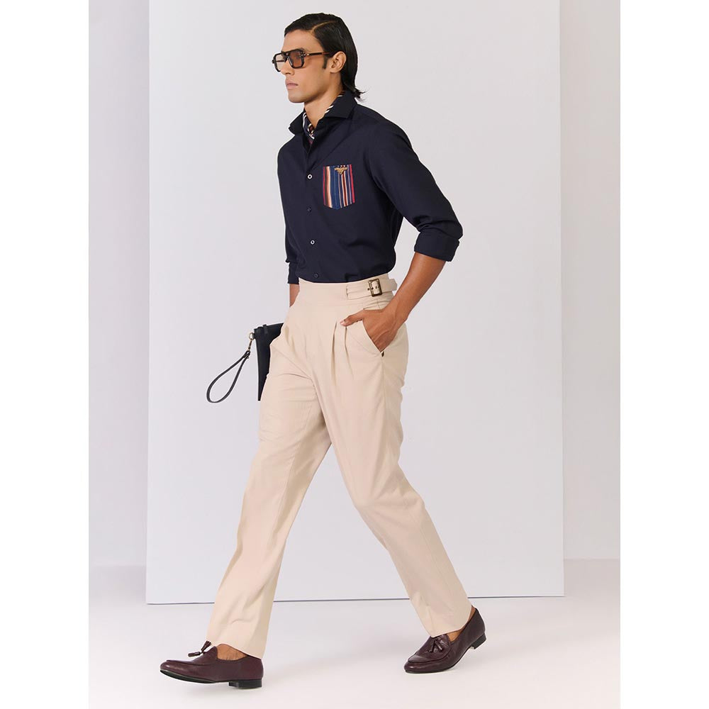 S&N by Shantnu Nikhil Men's Navy Blue Rayon Blend Stripes Slim Fit Shirt