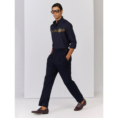 S&N by Shantnu Nikhil Men's Navy Blue Rayon Blend Floral Slim Fit Shirt