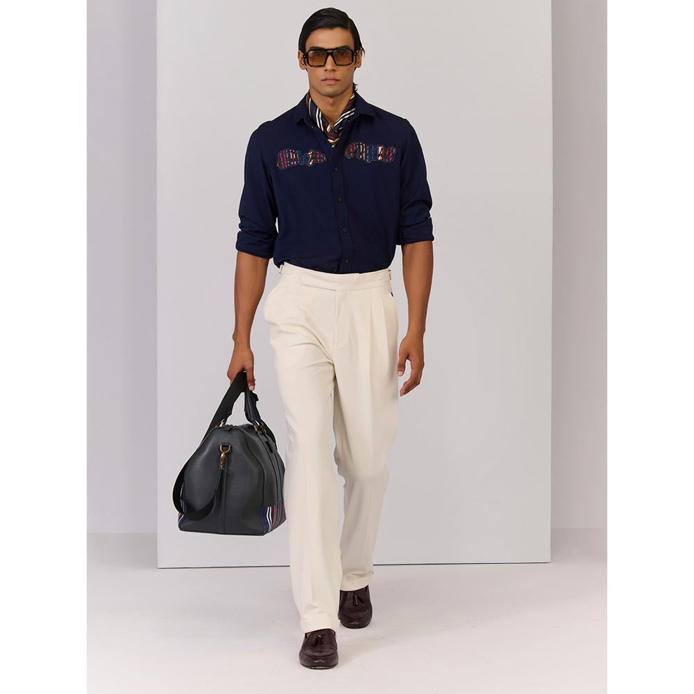 S&N by Shantnu Nikhil Men's Navy Blue Rayon Blend Embroidered Slim Fit Shirt