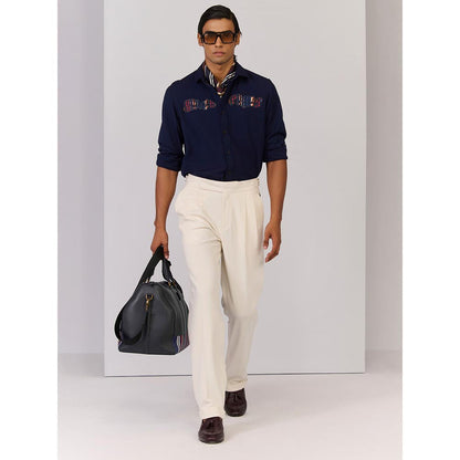 S&N by Shantnu Nikhil Men's Navy Blue Rayon Blend Embroidered Slim Fit Shirt
