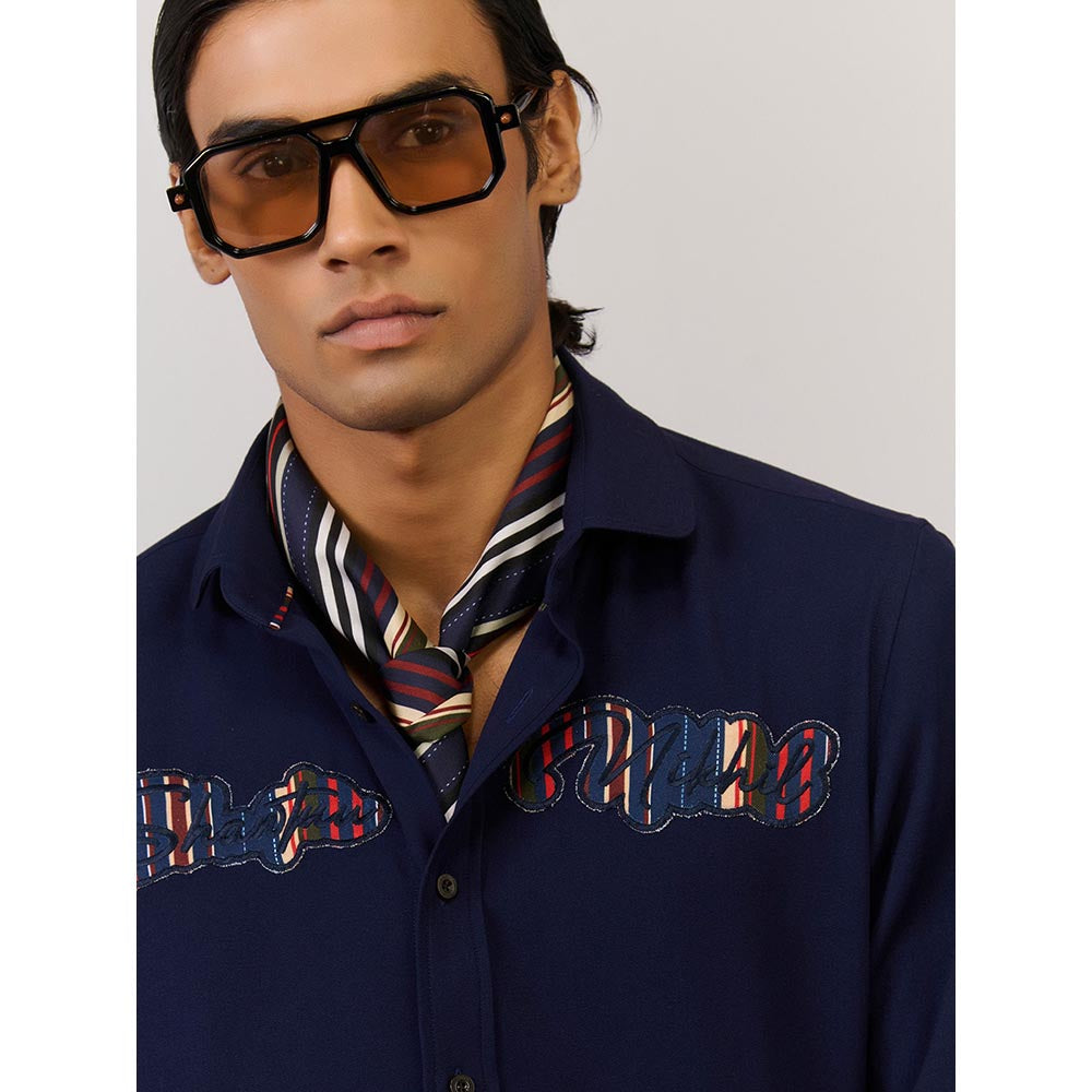 S&N by Shantnu Nikhil Men's Navy Blue Rayon Blend Embroidered Slim Fit Shirt
