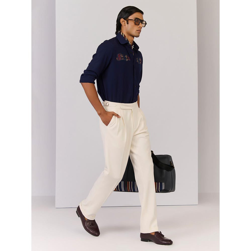 S&N by Shantnu Nikhil Men's Navy Blue Rayon Blend Embroidered Slim Fit Shirt