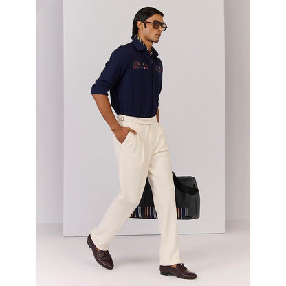 S&N by Shantnu Nikhil Men's Navy Blue Rayon Blend Embroidered Slim Fit Shirt