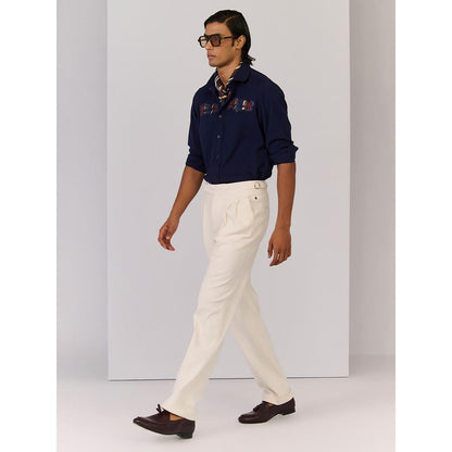 S&N by Shantnu Nikhil Men's Navy Blue Rayon Blend Embroidered Slim Fit Shirt