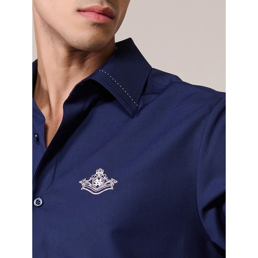 S&N by Shantnu Nikhil Men's Navy Blue Rayon Plain Slim Fit Shirt