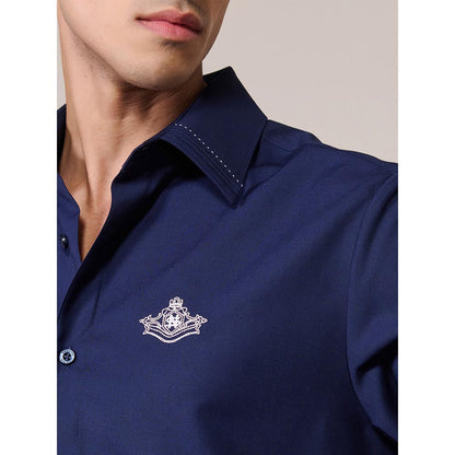 S&N by Shantnu Nikhil Men's Navy Blue Rayon Plain Slim Fit Shirt