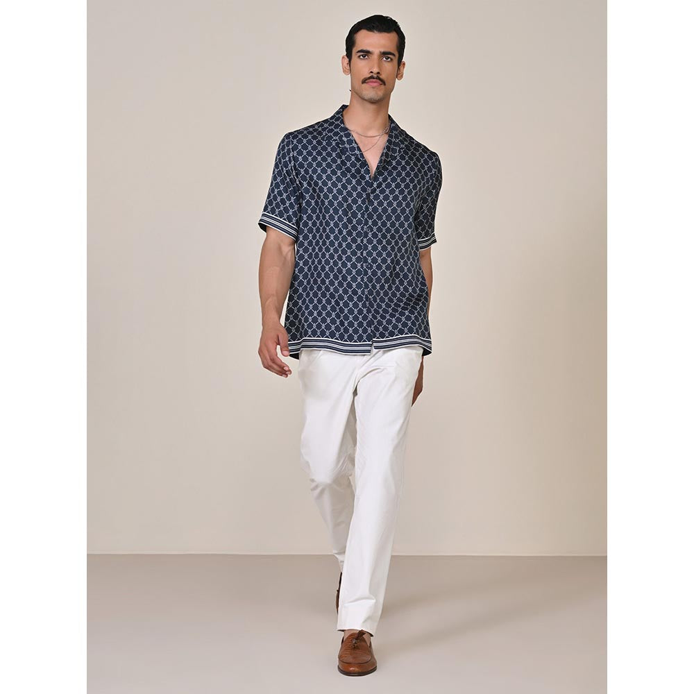 S&N by Shantnu Nikhil Mens Navy Blue Silk Printed Slim Fit Shirt