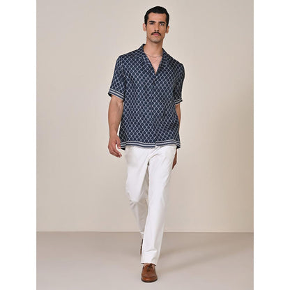 S&N by Shantnu Nikhil Mens Navy Blue Silk Printed Slim Fit Shirt