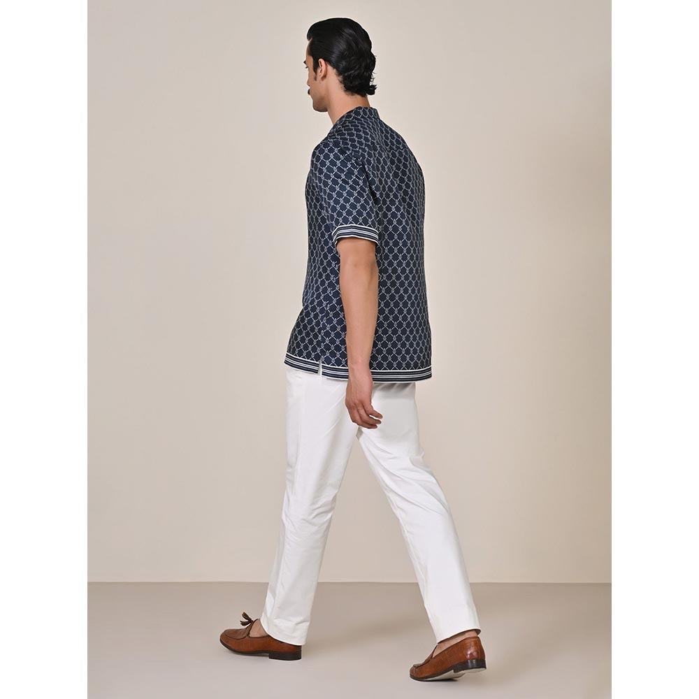 S&N by Shantnu Nikhil Mens Navy Blue Silk Printed Slim Fit Shirt