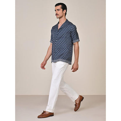 S&N by Shantnu Nikhil Mens Navy Blue Silk Printed Slim Fit Shirt