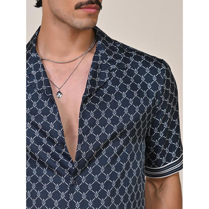 S&N by Shantnu Nikhil Mens Navy Blue Silk Printed Slim Fit Shirt