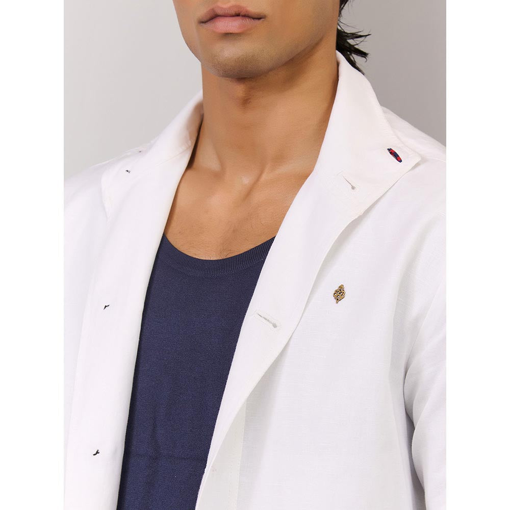 S&N by Shantnu Nikhil Men's White Linen Blend Plain Slim Fit Shirt