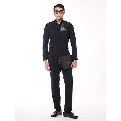 S&N by Shantnu Nikhil Men's Black Viscose Blend Embroidered Shirt