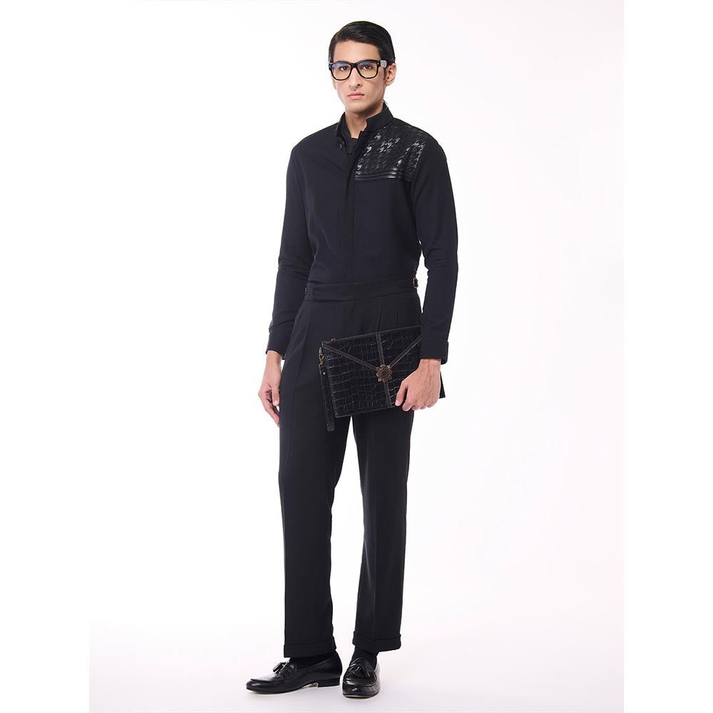 S&N by Shantnu Nikhil Men's Black Viscose Blend Embroidered Shirt