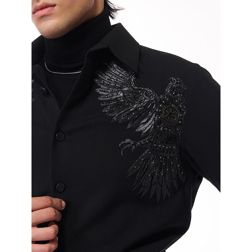 S&N by Shantnu Nikhil Men's Black Viscose Blend Embroidered Shirt