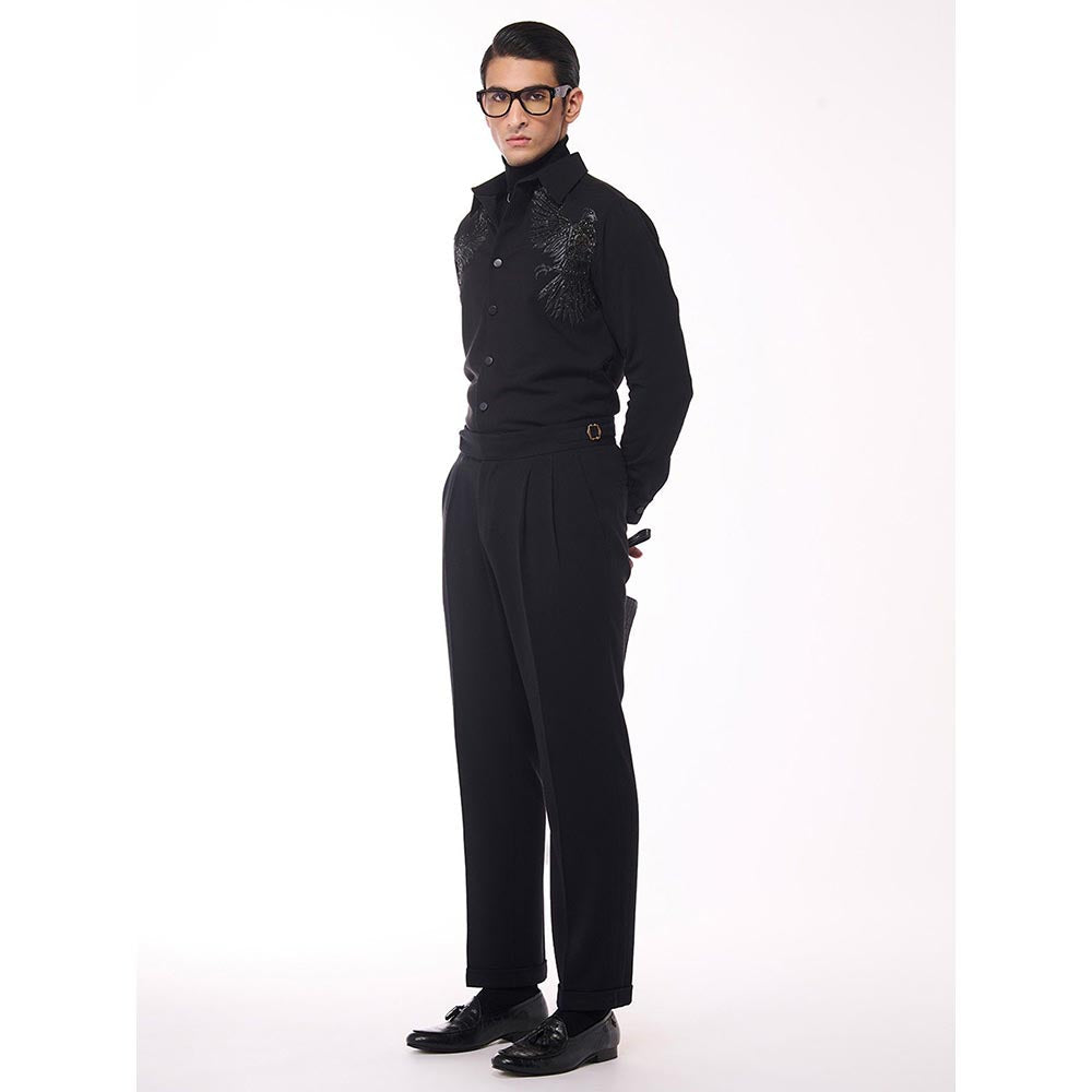 S&N by Shantnu Nikhil Men's Black Viscose Blend Embroidered Shirt