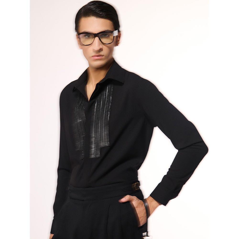 S&N by Shantnu Nikhil Men Black Viscose Blend Embroidered Shirt