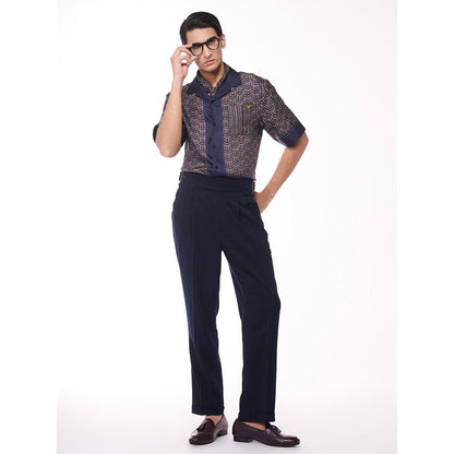 S&N by Shantnu Nikhil Men Navy Blue Silk Geometric Shirt