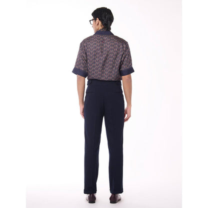 S&N by Shantnu Nikhil Men Navy Blue Silk Geometric Shirt
