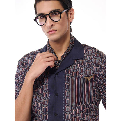 S&N by Shantnu Nikhil Men Navy Blue Silk Geometric Shirt