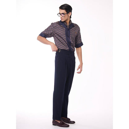 S&N by Shantnu Nikhil Men Navy Blue Silk Geometric Shirt