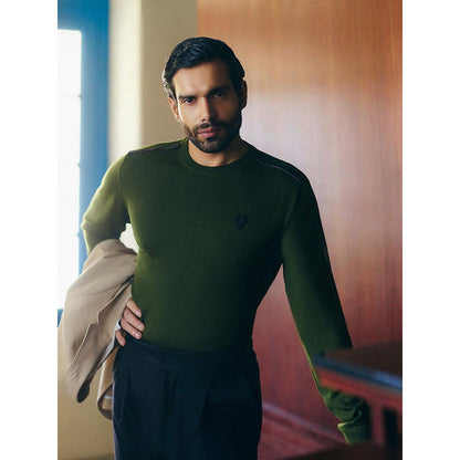 S&N by Shantnu Nikhil Merino Wool Crested Green Sweater