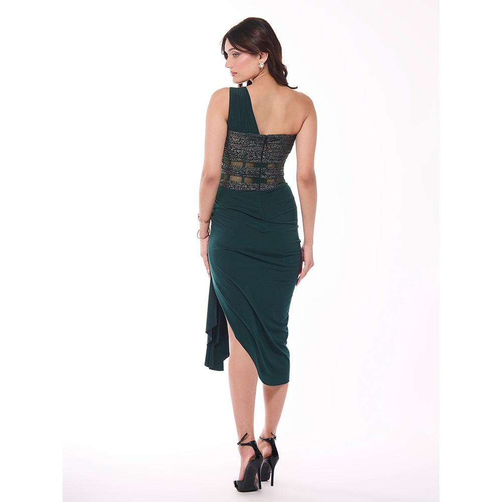 S&N by Shantnu Nikhil Emerald Green One-Shoulder Drape Dress