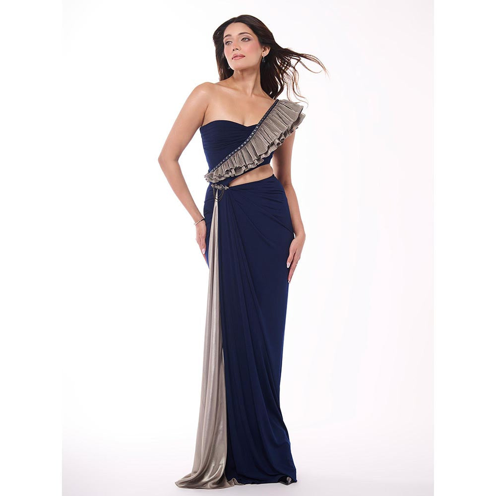 S&N by Shantnu Nikhil Emerald Navy Blue One-Shoulder Ruffle Drape Dress