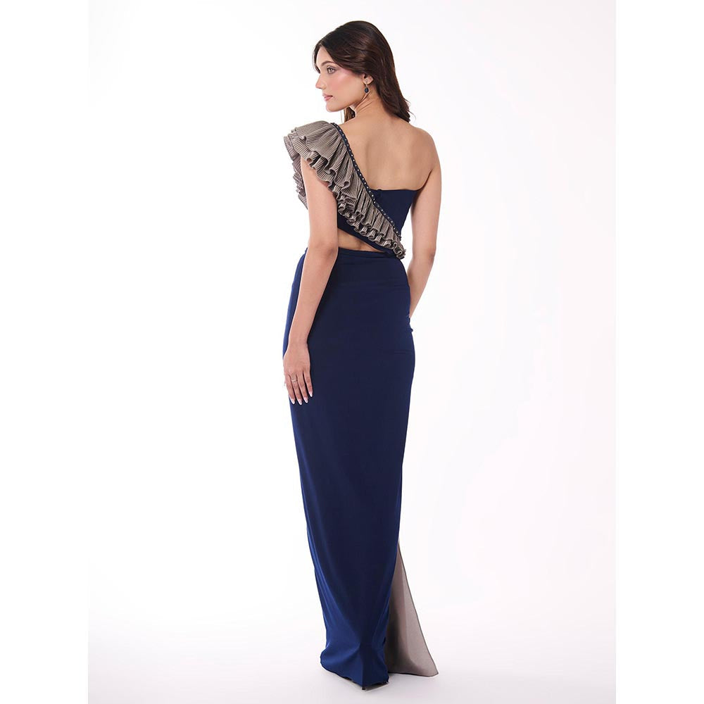 S&N by Shantnu Nikhil Emerald Navy Blue One-Shoulder Ruffle Drape Dress