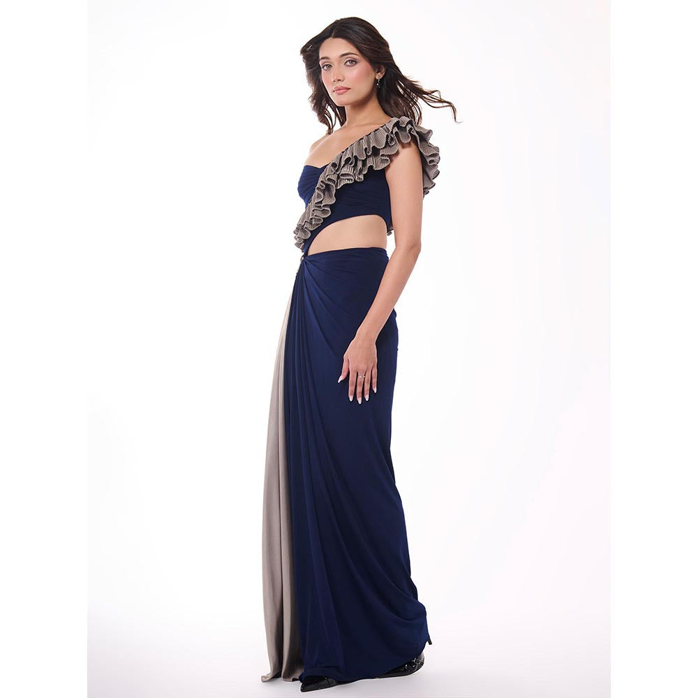 S&N by Shantnu Nikhil Emerald Navy Blue One-Shoulder Ruffle Drape Dress