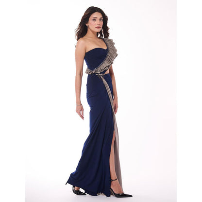 S&N by Shantnu Nikhil Emerald Navy Blue One-Shoulder Ruffle Drape Dress
