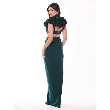 S&N by Shantnu Nikhil Emerald Green Ruffle Draped Dress with Waist Cut-Out