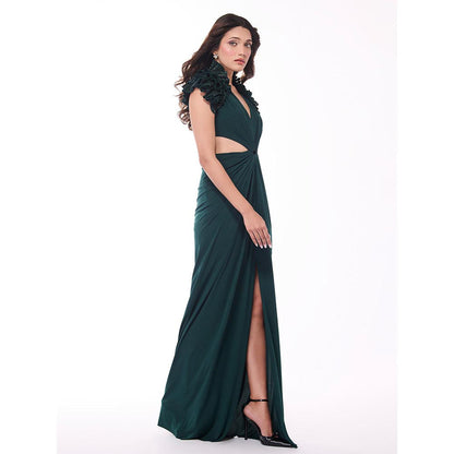 S&N by Shantnu Nikhil Emerald Green Ruffle Draped Dress with Waist Cut-Out