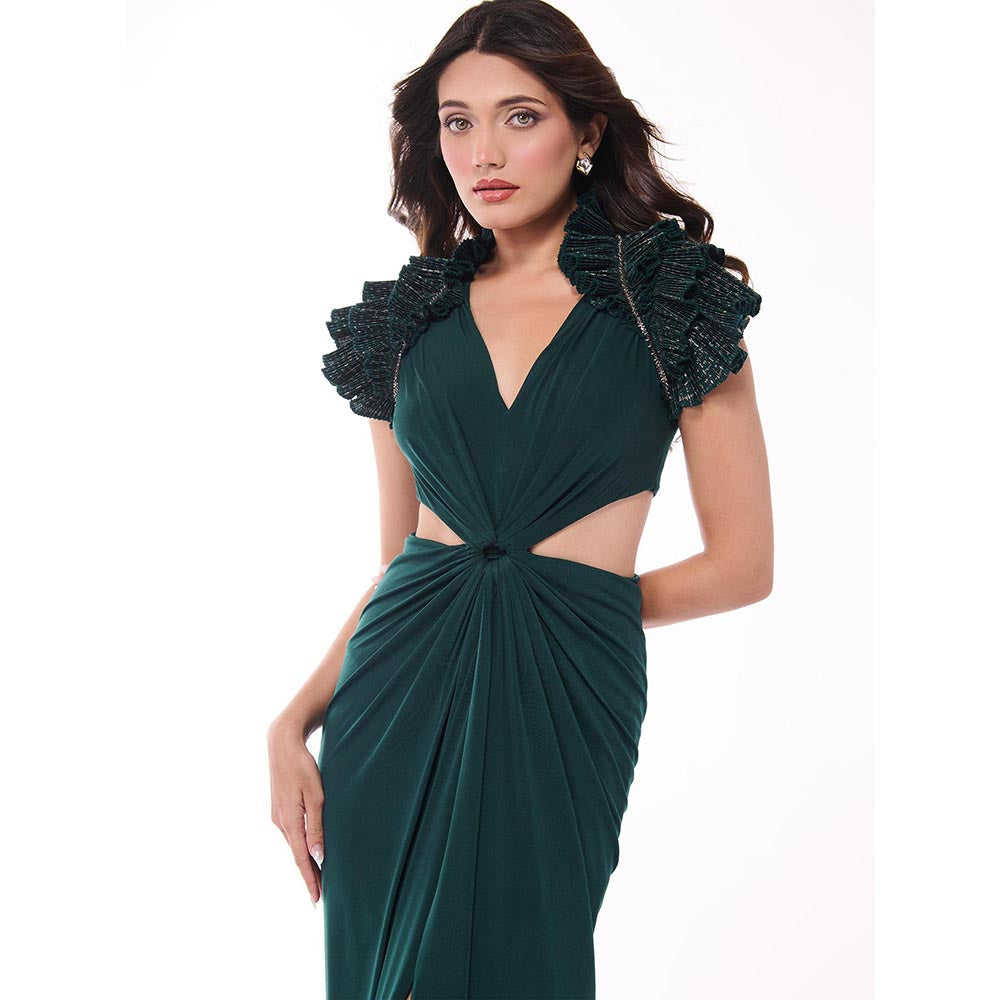 S&N by Shantnu Nikhil Emerald Green Ruffle Draped Dress with Waist Cut-Out