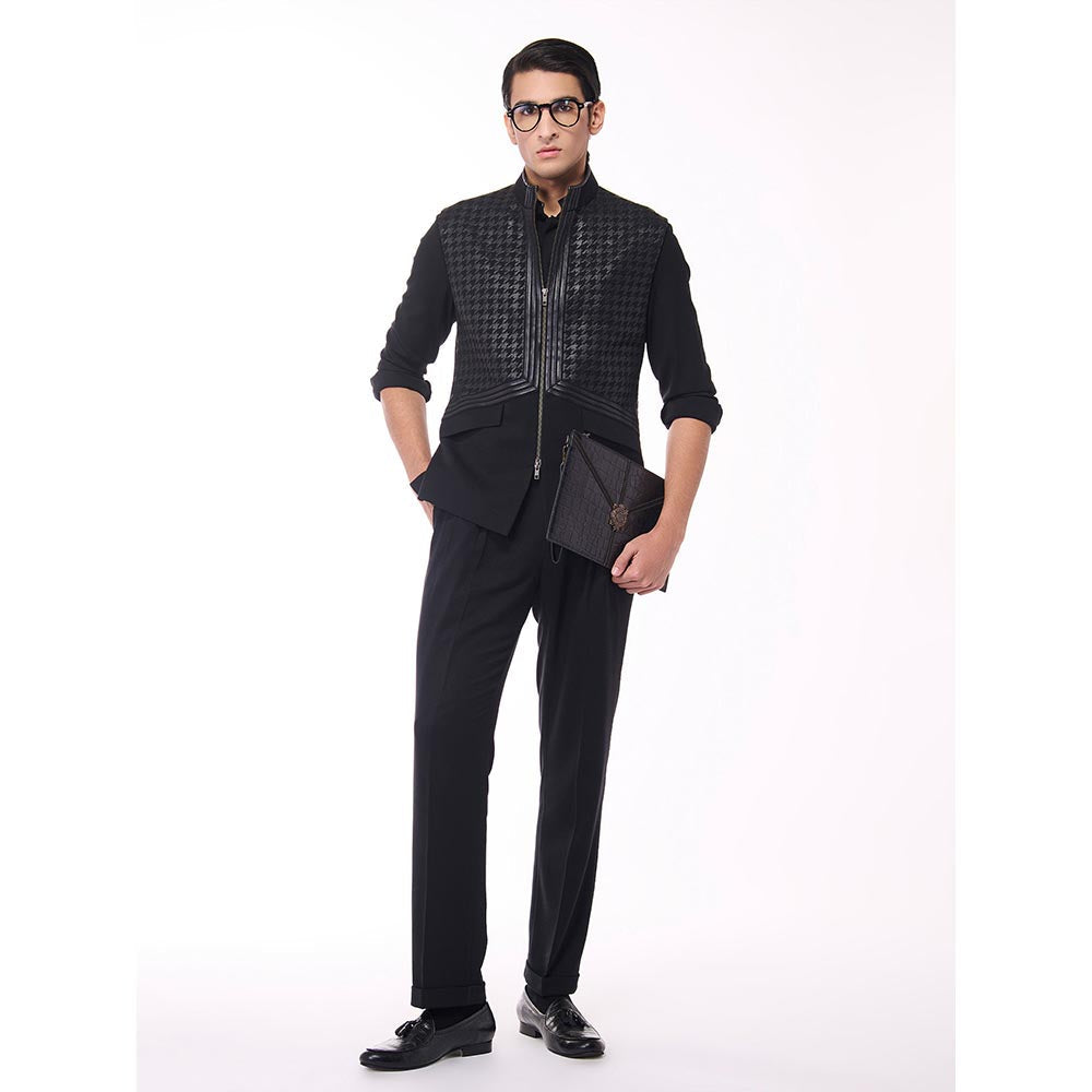 S&N by Shantnu Nikhil Black Houndstooth Faux-Leather Detail Waistcoat