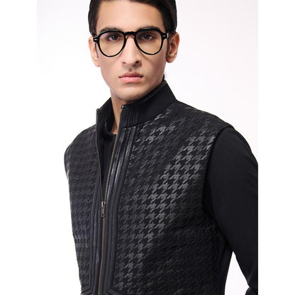 S&N by Shantnu Nikhil Black Houndstooth Faux-Leather Detail Waistcoat