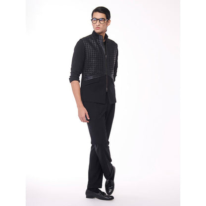 S&N by Shantnu Nikhil Black Houndstooth Faux-Leather Detail Waistcoat