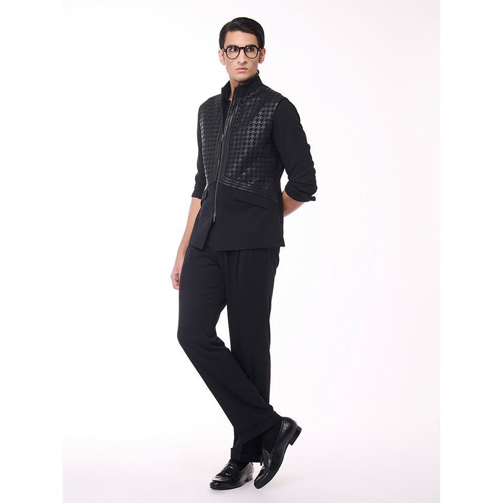 S&N by Shantnu Nikhil Black Houndstooth Faux-Leather Detail Waistcoat