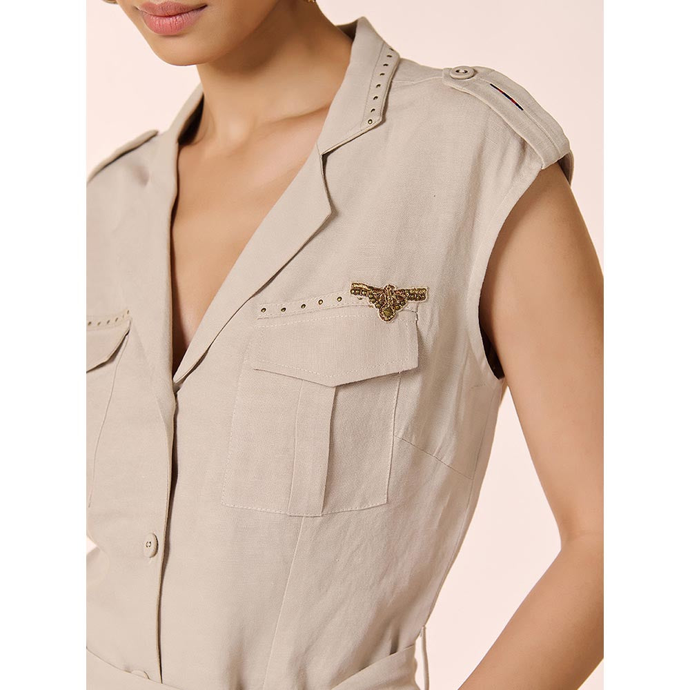 S&N by Shantnu Nikhil Womens Linen Blend Solid Beige Dress with Belt