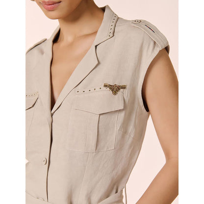 S&N by Shantnu Nikhil Womens Linen Blend Solid Beige Dress with Belt