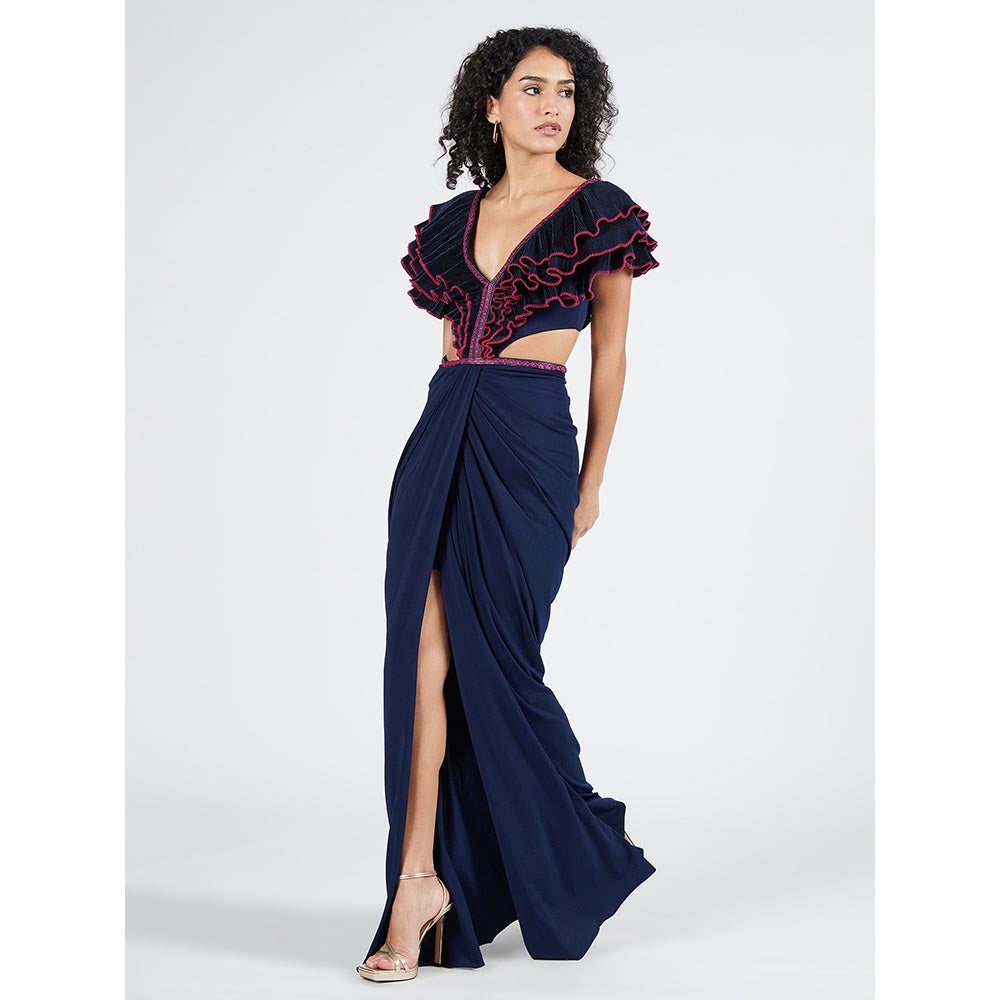 S&N by Shantnu Nikhil Womens Elastane Embroidered Navy Blue Dress